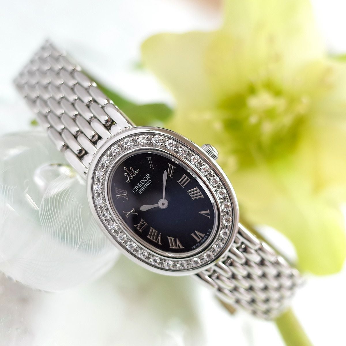 良品 SEIKO クレドール ブラック オーバル SS ダイヤインデックス 1E70