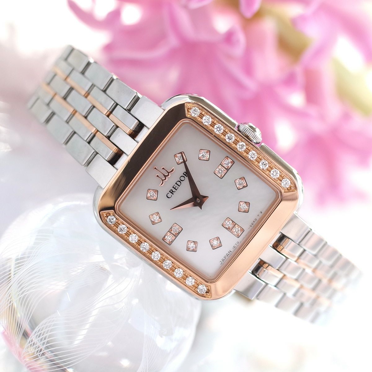 【稼働/新品電池】セイコー　クレドール　シグノ　シェル文字盤　腕時計　レディース 美品 SEIKO クレドール シグノ K18PG/SS ダイヤ シェル文字盤 GSTE847