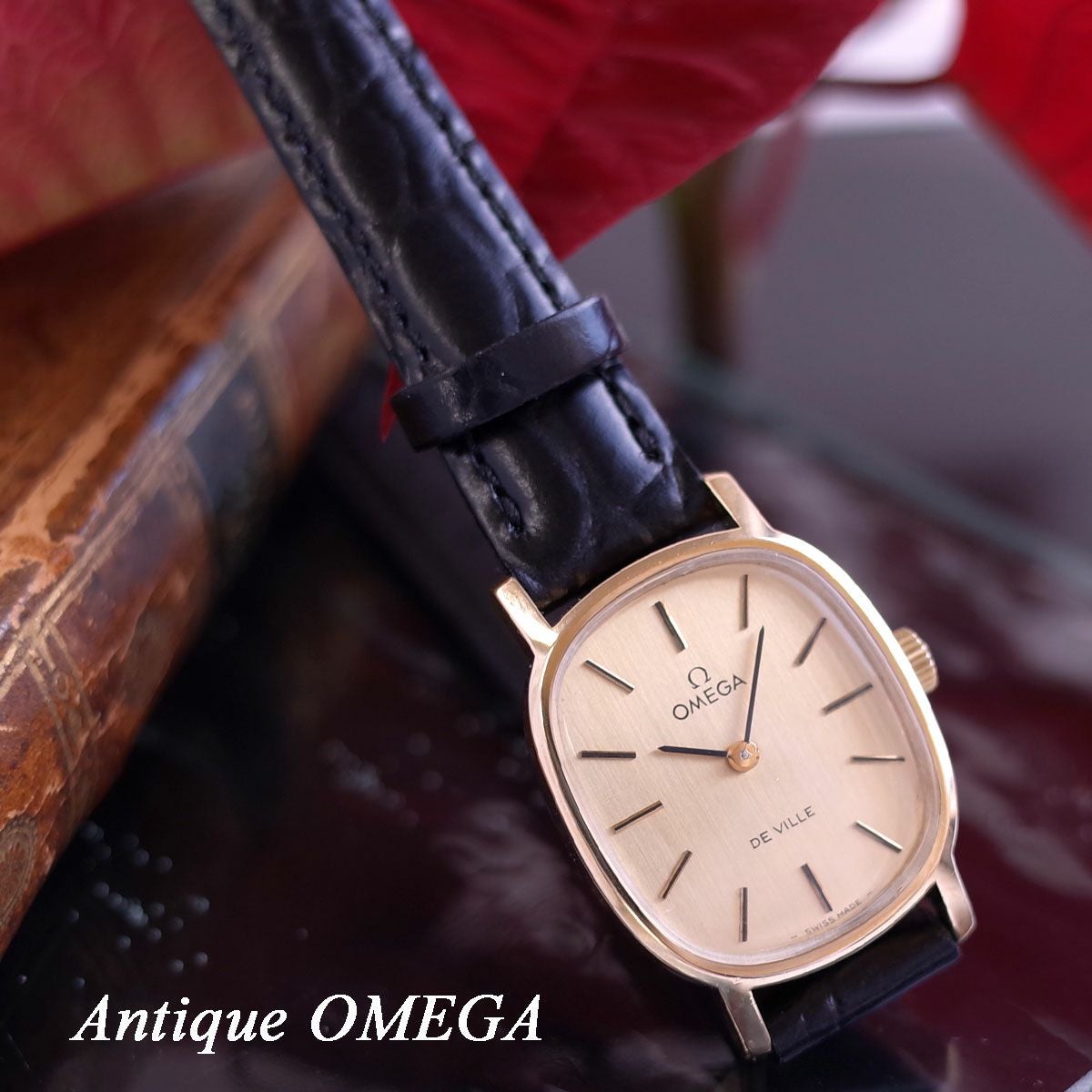オメガ デビル 70'S アンティーク 18金張り SS ゴールド 長角 新品革