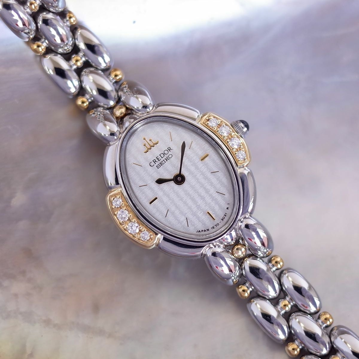美品 SEIKO CREDOR K18 コンビ ダイヤ レディース時計 可憐 セイコー クレドール k18/SS IE70-3O40 8PD ダイヤ ホワイト