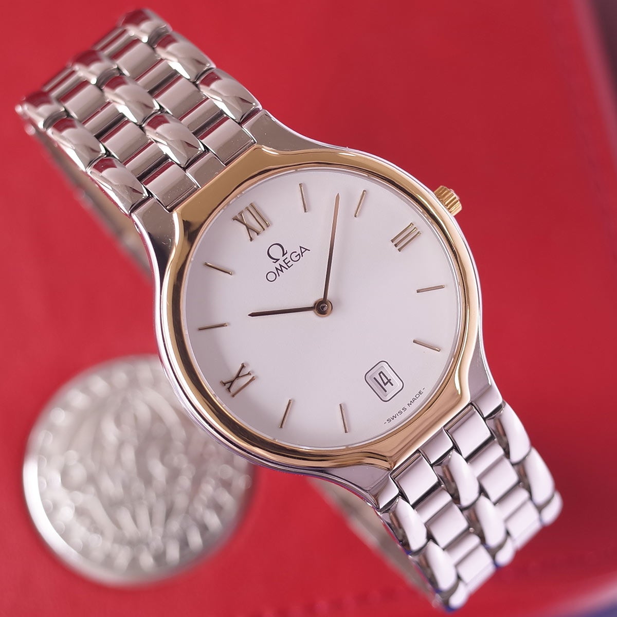 箱保有 オメガ デビル シンボル SS/k18YG ホワイト文字盤 32mm 5連