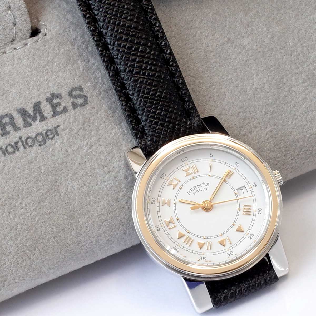 【稼働】HERMES ラリー コンビ QZ レディース Hロゴベルト 腕時計 OH済 エルメス キャリック コンビ 白文字盤 新品ベルト レディース