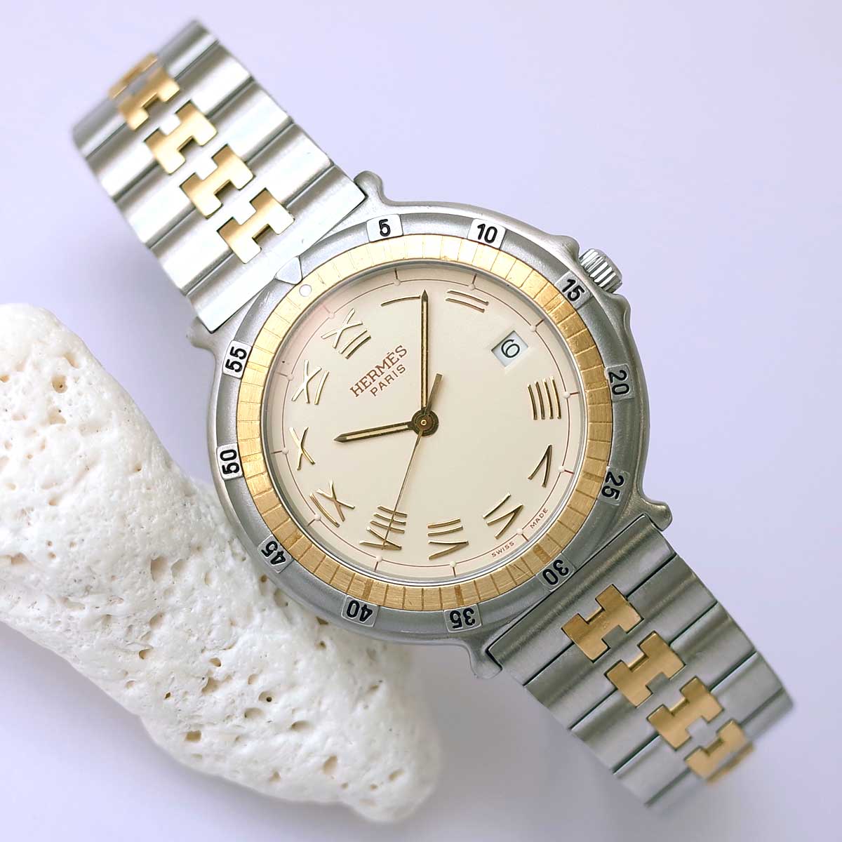 OH済 エルメス キャプテンニモ 36mm アイボリーローマン デイト 回転